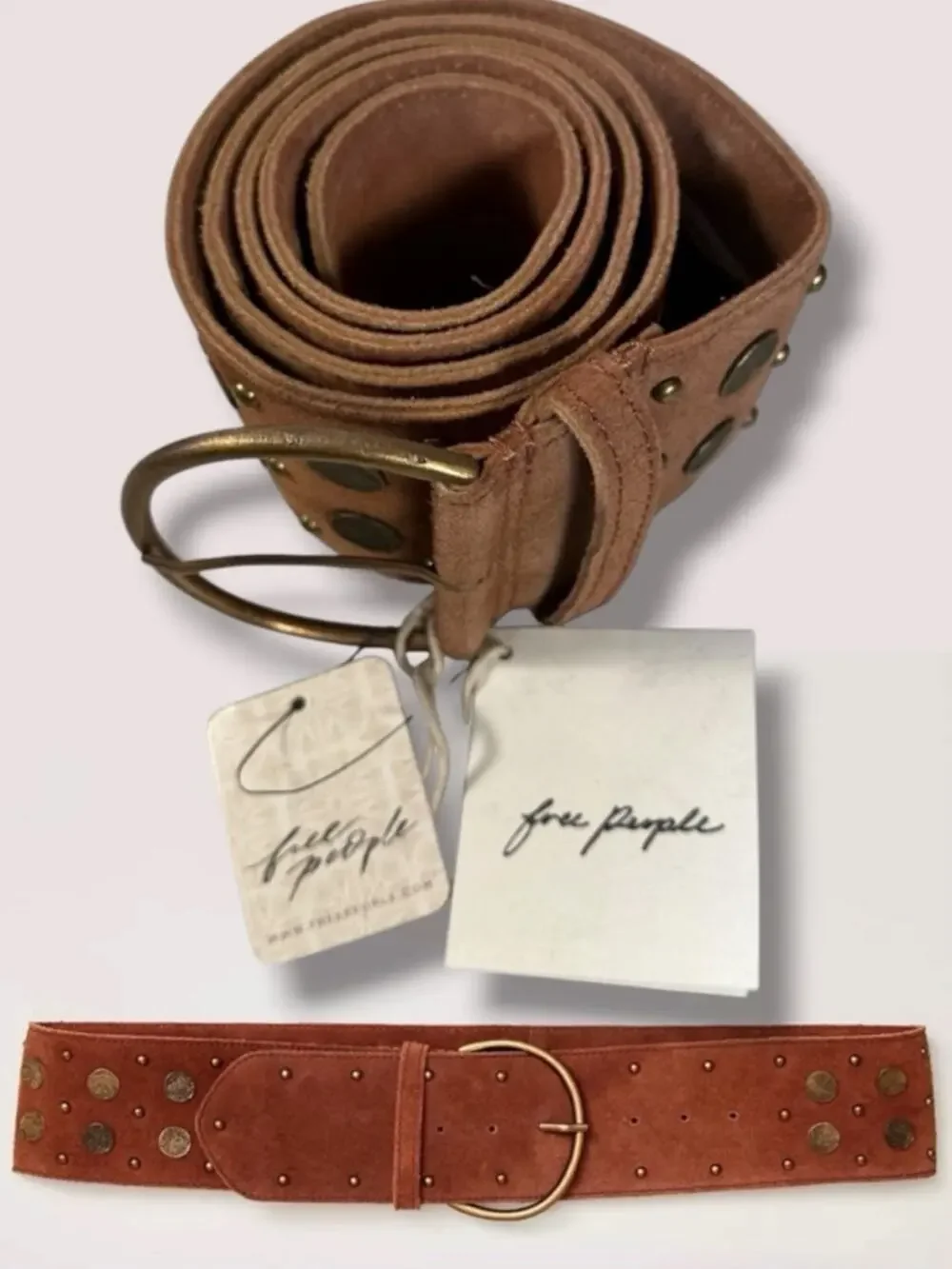 Free People Bohemian Brown Leather Suede Studded Honeydew Hip Belt Medium Large